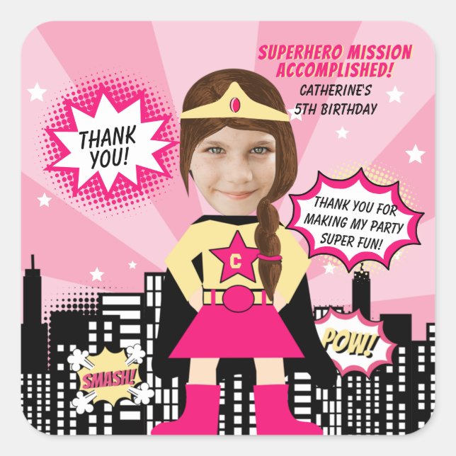 Sticker Carré Superhero Comic Style de livre Girl Birthday Photo (Devant)
