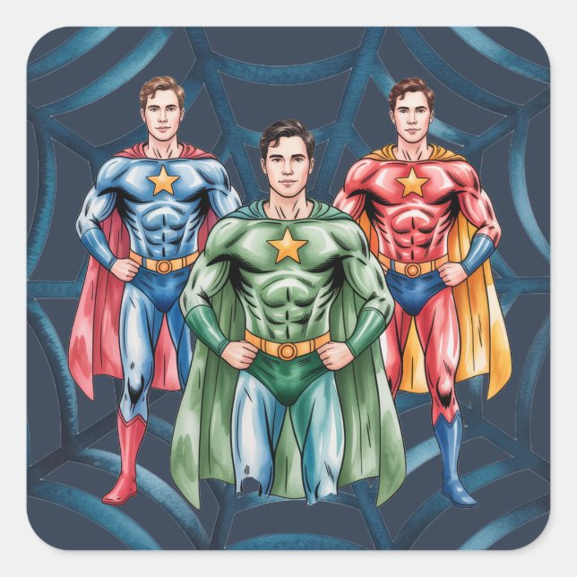 Sticker Carré Superhero fête d'anniversaire pour les garçons (Devant)