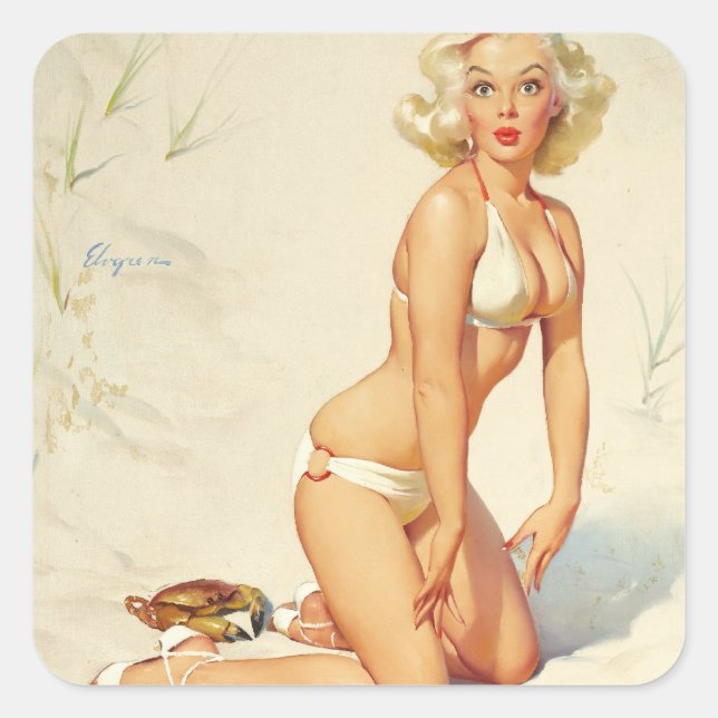 Sticker Carré Sur la plage Retro Pin-up Girl (Devant)