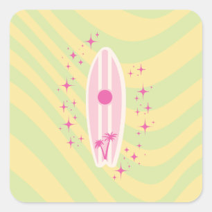 Sticker Carré Surf Jaune et Rose, Beach Art, Preppy
