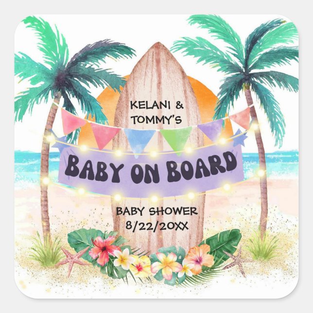 Sticker Carré Surf & Sea | Bébé à bord Baby Shower plage (Devant)