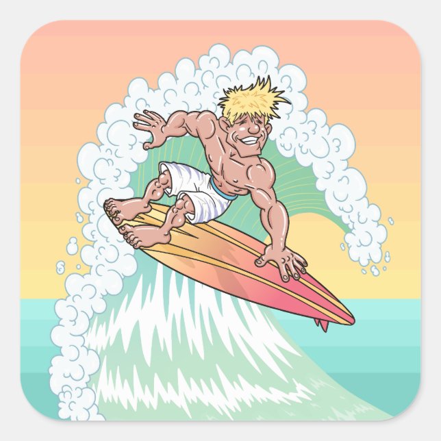 Sticker Carré Surfeur de coucher de soleil cool (Devant)
