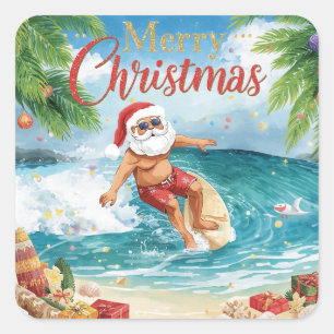 Sticker Carré Surfing Santa Joyeux Noël Vacances côtières de Noë