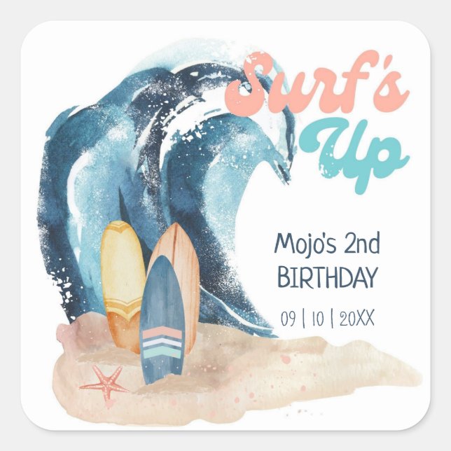 Sticker Carré Surf's Up | Anniversaire des enfants de plage trop (Devant)