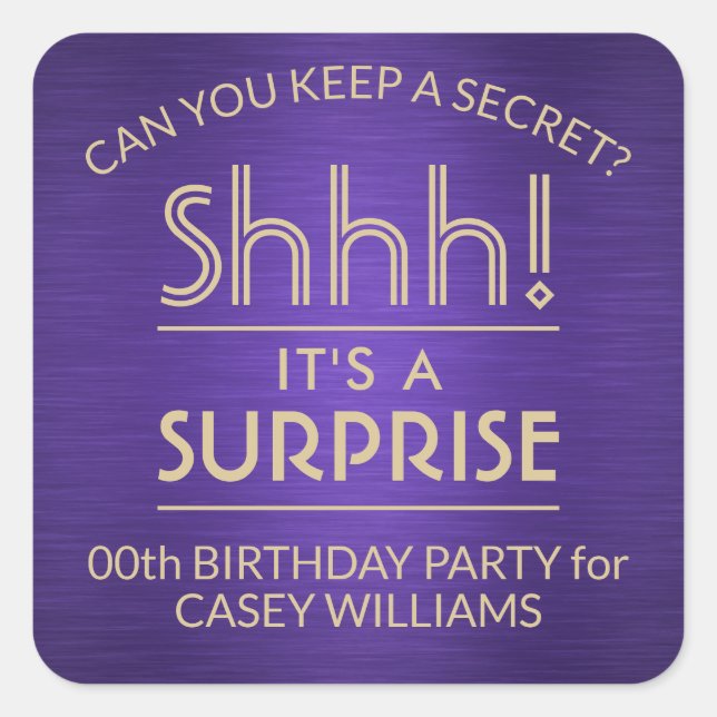 Sticker Carré Surprise fête d'anniversaire brossé violet et or (Devant)