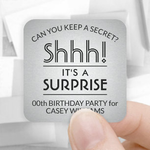 Sticker Carré Surprise fête d'anniversaire Noir et Faux Silver F