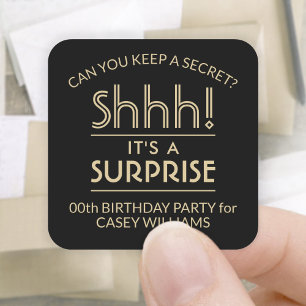 Sticker Carré Surprise fête d'anniversaire Shhh! Noir et or élég