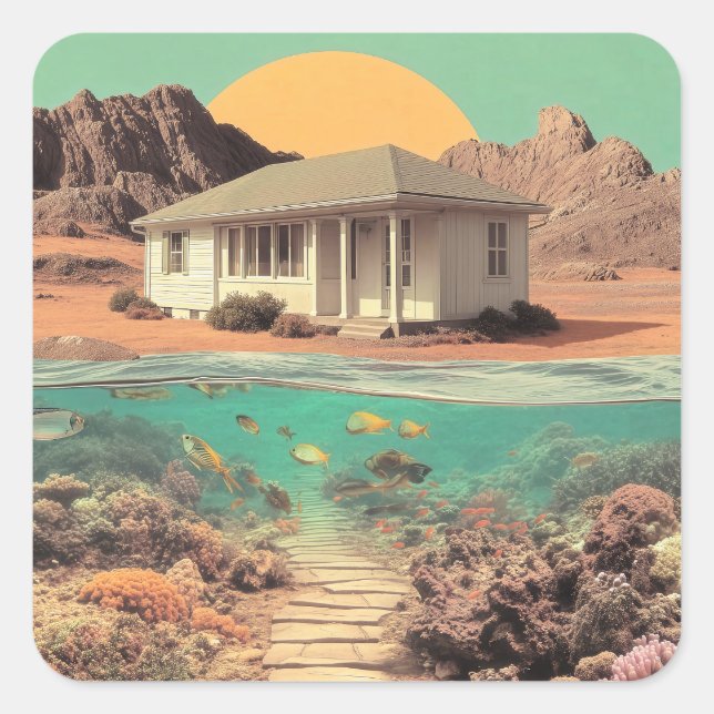 Sticker Carré Surreal Desert House with Underwater Reef (Devant)