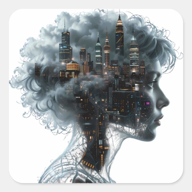 Sticker Carré Surreal Mindscape: City within a Woman's Head (Devant)
