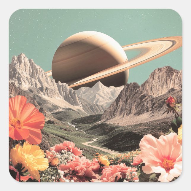 Sticker Carré Surreal Saturn Over Mountain Valley (Devant)