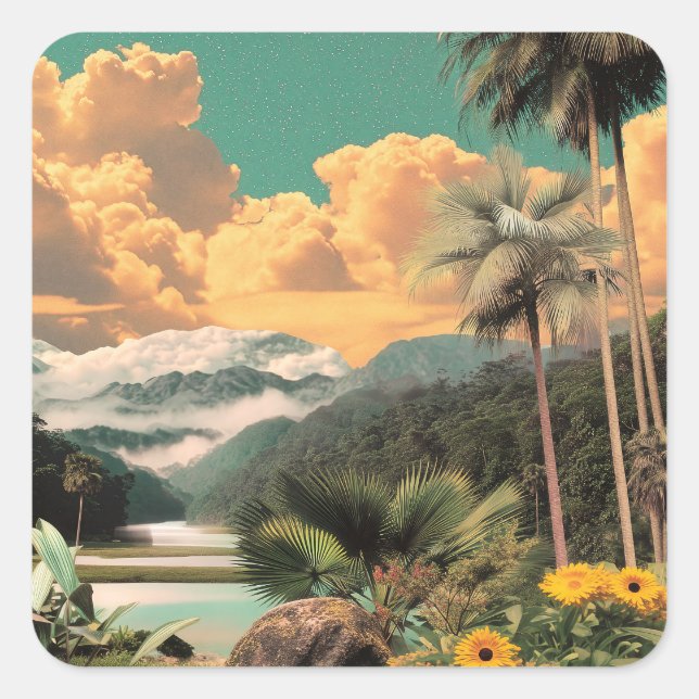 Sticker Carré Surreal Tropical Valley With Palm Trees (Devant)