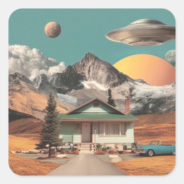Sticker Carré Surreal UFO Over Rustic House (Devant)