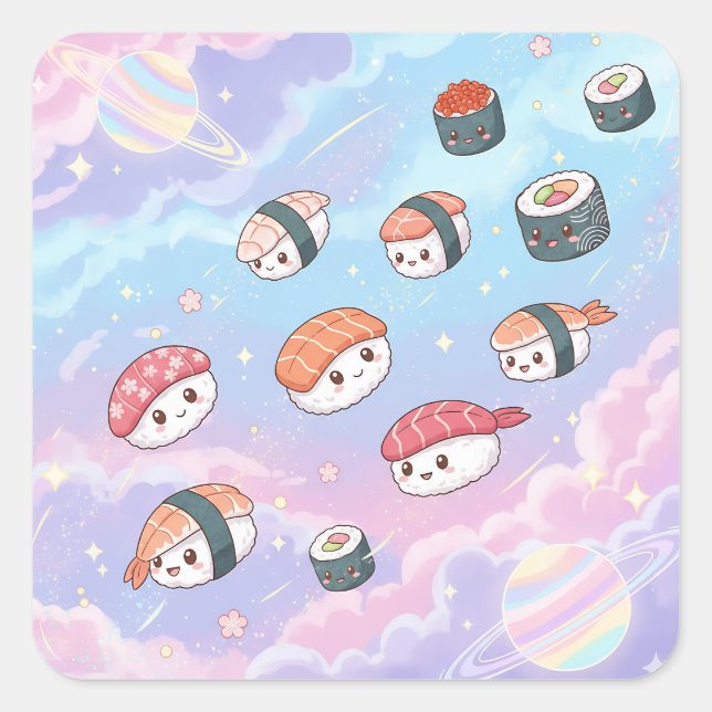 Sticker Carré Sushi Flying in Pastel Galaxy Sky (Devant)