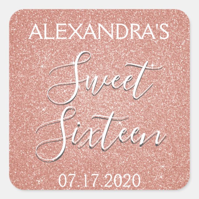 Sticker Carré Sweet 16 Anniversaire Rose Gold Blush Parties scin (Devant)