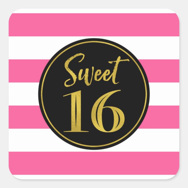 Sticker Carré Sweet 16 Anniversaire Rose Noir Blanc Or (Devant)