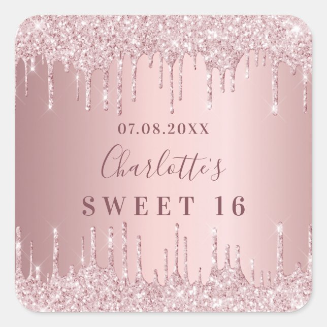 Sticker Carré Sweet 16 anniversaire rose pâle parties scintillan (Devant)