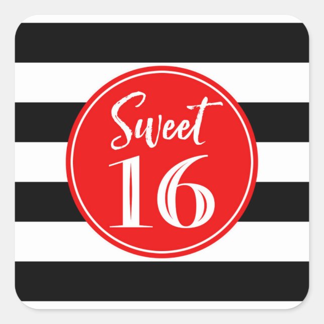 Sticker Carré Sweet 16 Anniversaire Rouge Noir Blanc (Devant)