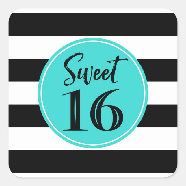 Sticker Carré Sweet 16 Anniversaire Turquoise Noir Blanc (Devant)