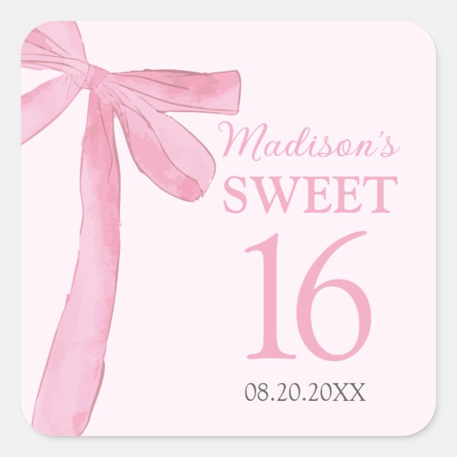 Sticker Carré Sweet 16 Birthday Coquette Pink Bow Personalized  (Devant)