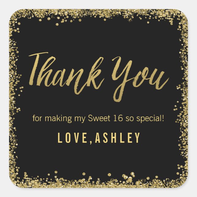 Sticker Carré Sweet 16 Black Gold Parties scintillant Anniversai (Devant)
