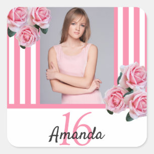 Sticker Carré Sweet 16 fleurs roses rayures photo élégant