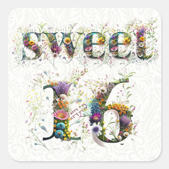 Sticker Carré Sweet 16 Joyeux Anniversaire Fleur sauvage Texte (Devant)