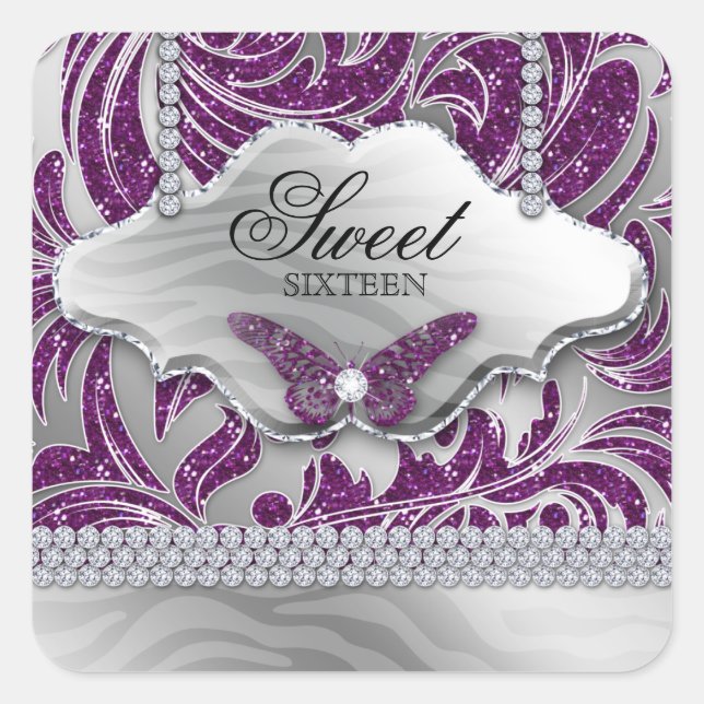Sticker Carré Sweet 16 Party Purple Bijoux papillon (Devant)