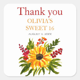 Sticker Carré Sweet 16 Seize Anniversaire Fête Tournesol Pays