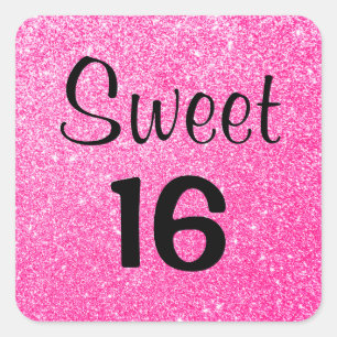 Sticker Carré Sweet 16 Seize Noir Et Paillettes Rose Chaud Brill