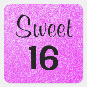 Sticker Carré Sweet 16 Seize Noir & Paillettes Violet Brillant