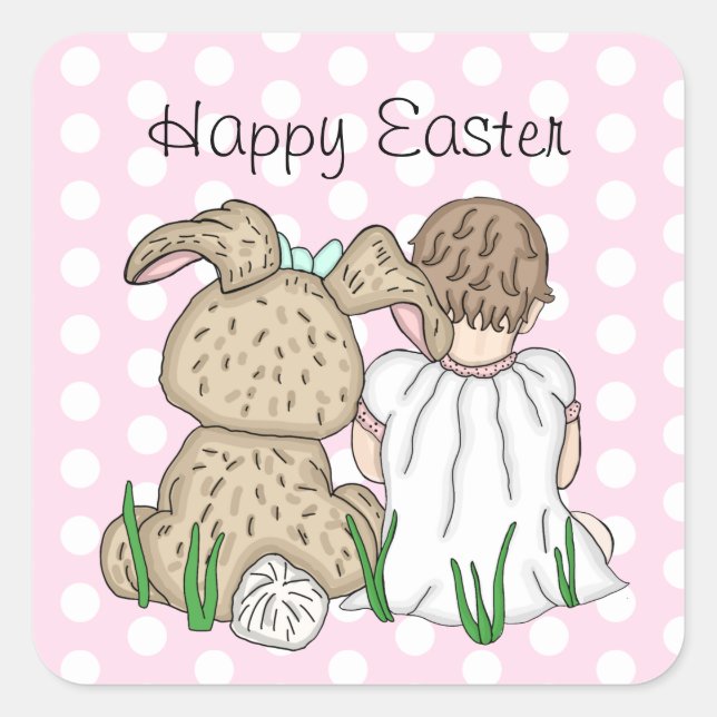 Sticker Carré Sweet Baby Girl and Easter Bunny Happy Pâques (Devant)