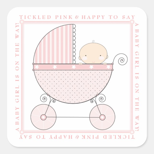 Sticker Carré Sweet Baby Girl Carriage Baby shower en rose (Devant)