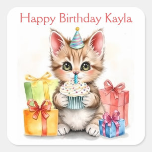 Sticker Carré Sweet Birthday Kitten coloré Personnalisé