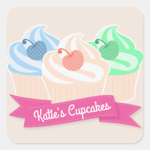 Sticker Carré Sweet Cupcake Trio Personnalisé rose