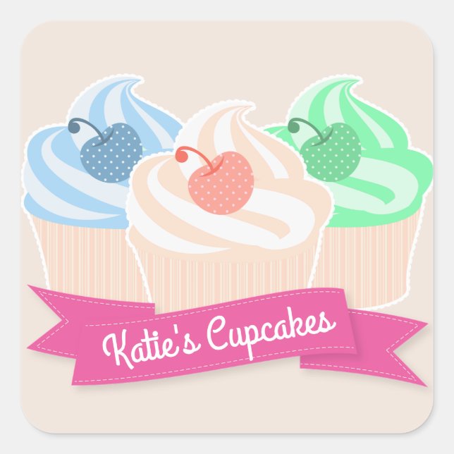 Sticker Carré Sweet Cupcake Trio Personnalisé rose (Devant)