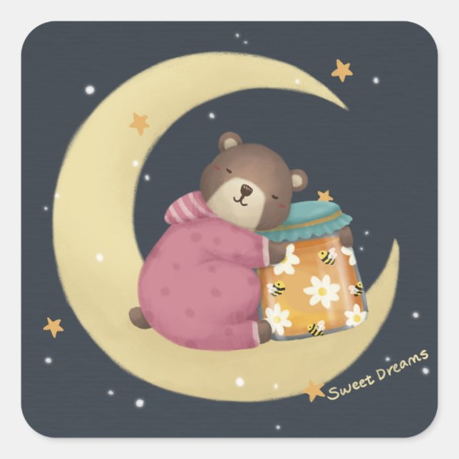 Sticker Carré Sweet Dreams : Illustration de l'ours et du miel (Devant)
