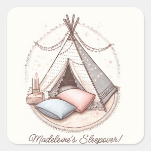 Sticker Carré Sweet Girly Teepee Sleepover Party Anniversaire