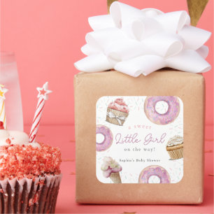 Sticker Carré Sweet Little Girl Cupcake rose & Baby shower de be