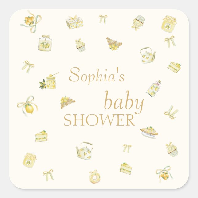 Sticker Carré Sweet Little Lemon Watercolor Baby Shower (Devant)