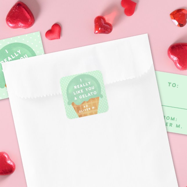 Sticker Carré Sweet Mint Gelato classe Saint-Valentin (sticker shown with coordinating  classroom Valentine's Day cards)