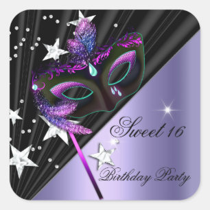 Sticker Carré Sweet sixteen 16 Lilac Black Silver Masque
