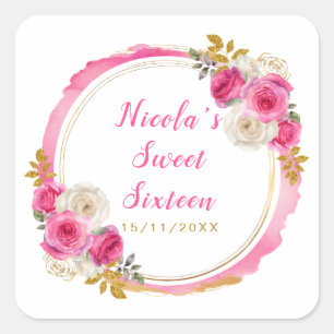 Sticker Carré Sweet sixteen à fleurs élégantes roses et or chaud