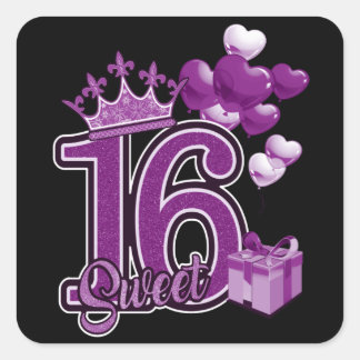 Sticker Carré Sweet sixteen Anniversaire violet