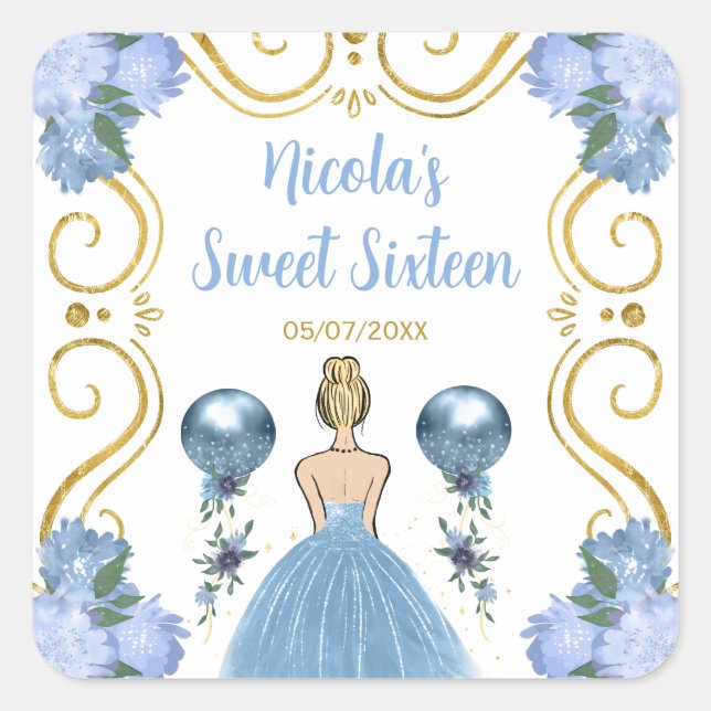 Sticker Carré Sweet Sixteen Blonde Princess in Dusty Blue (Devant)