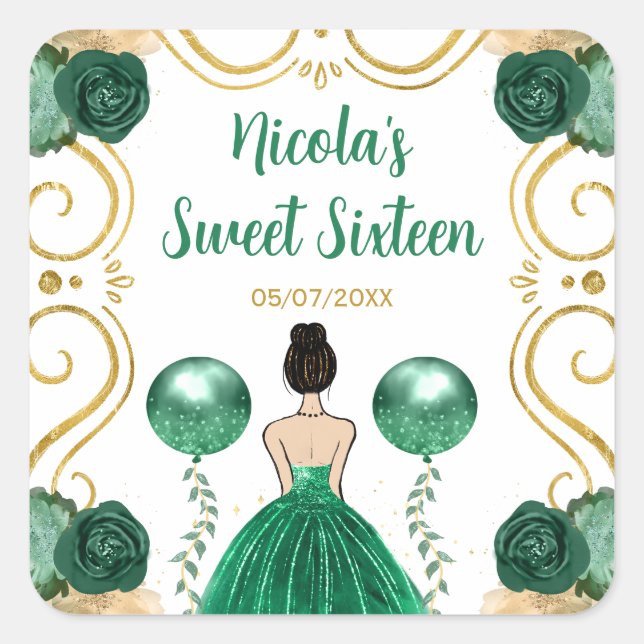 Sticker Carré Sweet Sixteen Brown Hair Princess in Green (Devant)