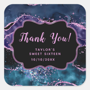 Sticker Carré Sweet sixteen d'agate bleu violet océanique Merci