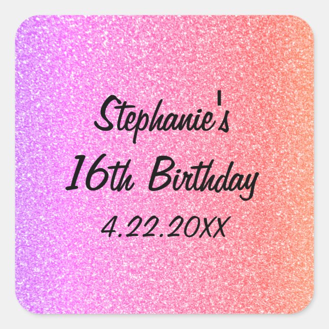 Sticker Carré Sweet sixteen Glittery rose 16ème anniversaire (Devant)