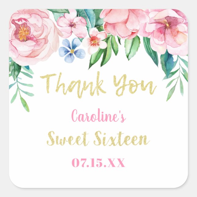 Sticker Carré Sweet sixteen Tropical Floral Pink Gold Merci (Devant)