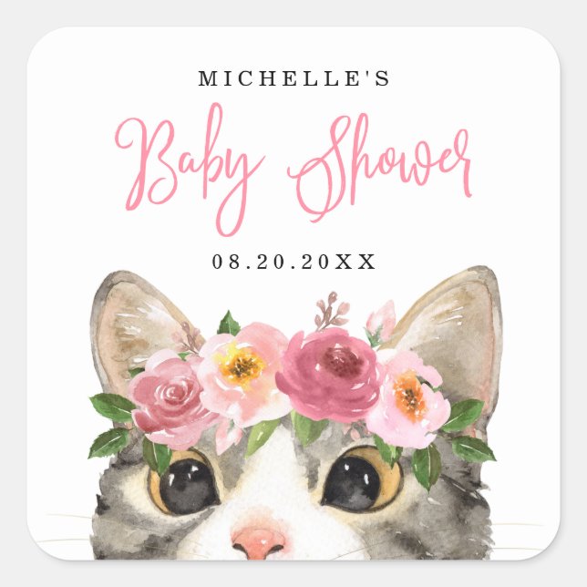 Sticker Carré Sweet Watercolor Kitty Girl Baby shower (Devant)