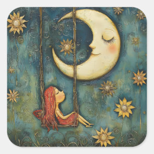 Sticker Carré Sweet Whimsical Girl sur une aile et une lune céle